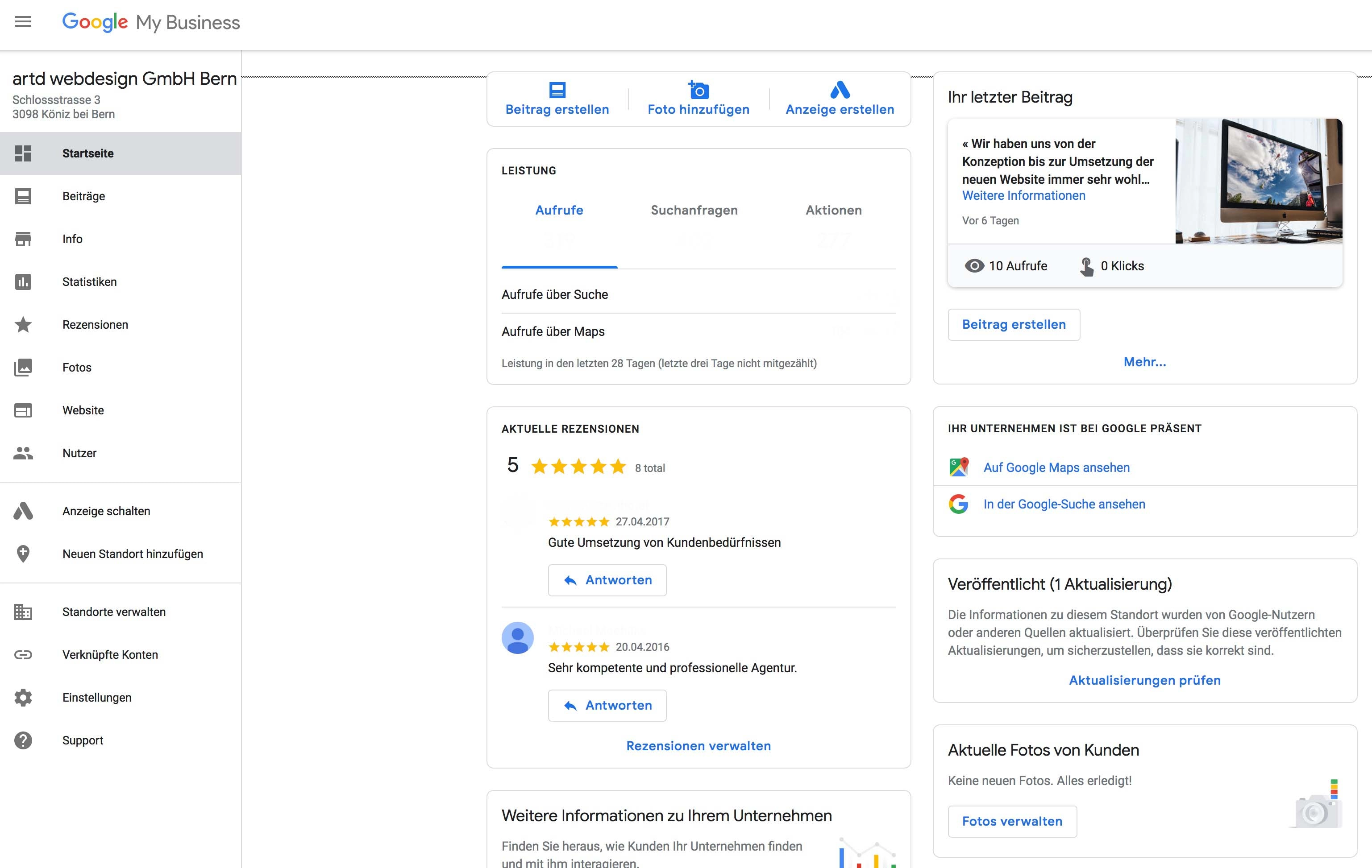 Startseite Google My Business vom Artd Webdesign Konto