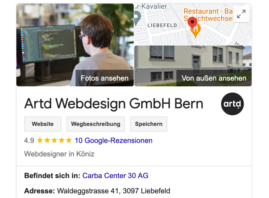 Google My Business Karte von der Firma Artd Webdesign