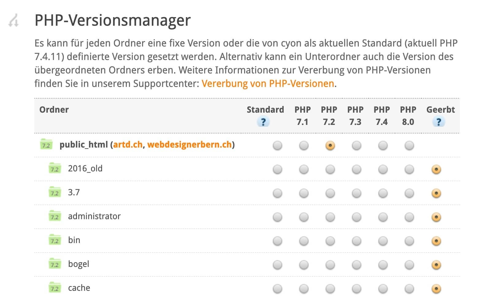 PHP Versionsmanager in Cyon