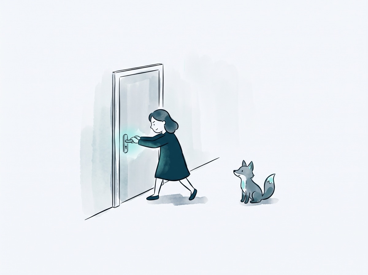 Illustration: Eine Figur testet selbst eine Türklinke, ein Fuchs beobachtet
