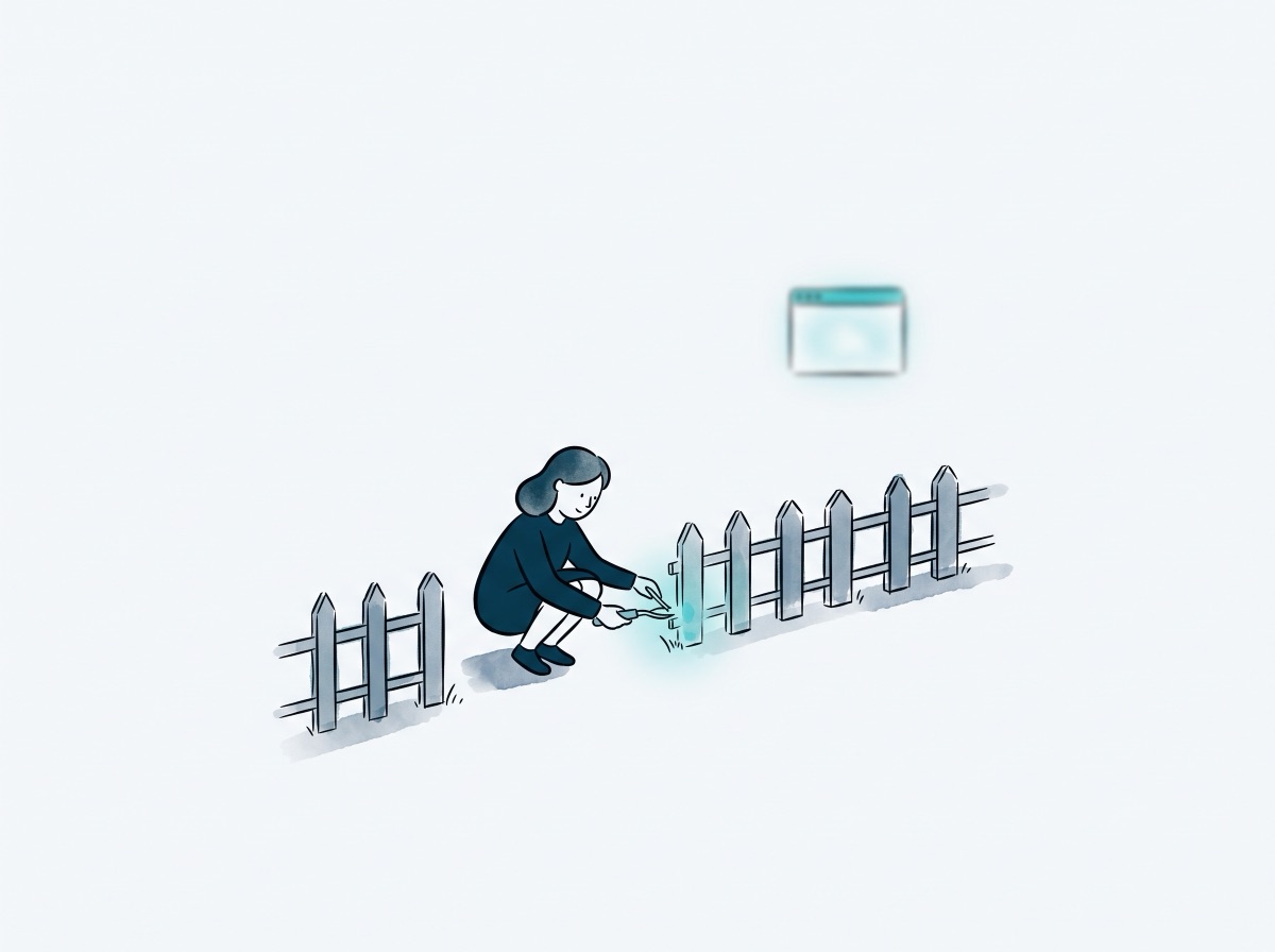 Illustration: Eine Figur repariert einen kleinen Zaun, bevor etwas hindurchkommt