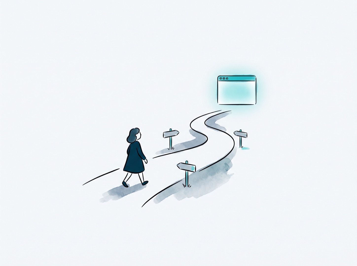 Illustration: Eine Figur geht einen Weg entlang, der zu drei Stufen der Website-Sicherheit führt