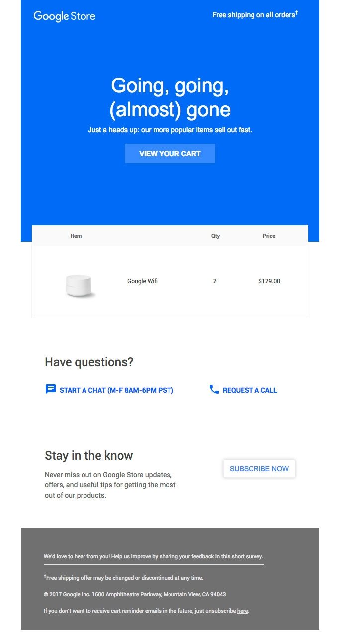Google Store Newsletter Beispiel, Produkte sind schnell ausverkauft