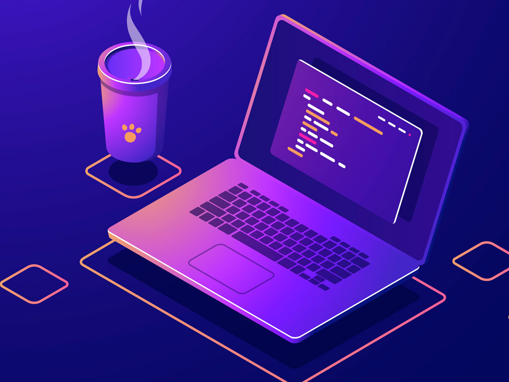 Laptop mit Code und Kaffee nebenbei