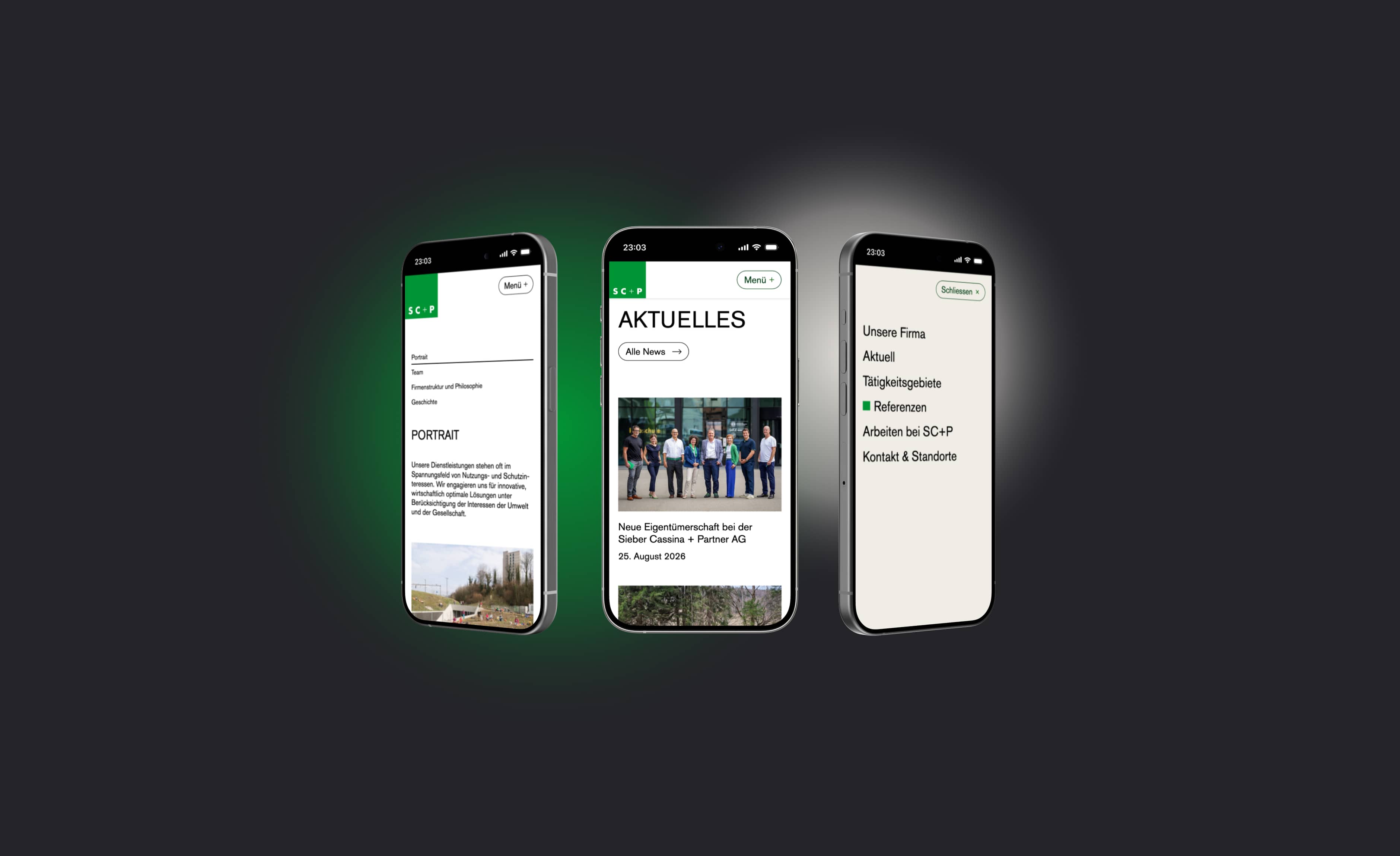 Neue Website der SC+P Sieber Cassina + Partner AG in der mobilen Ansicht, dunkler Modus