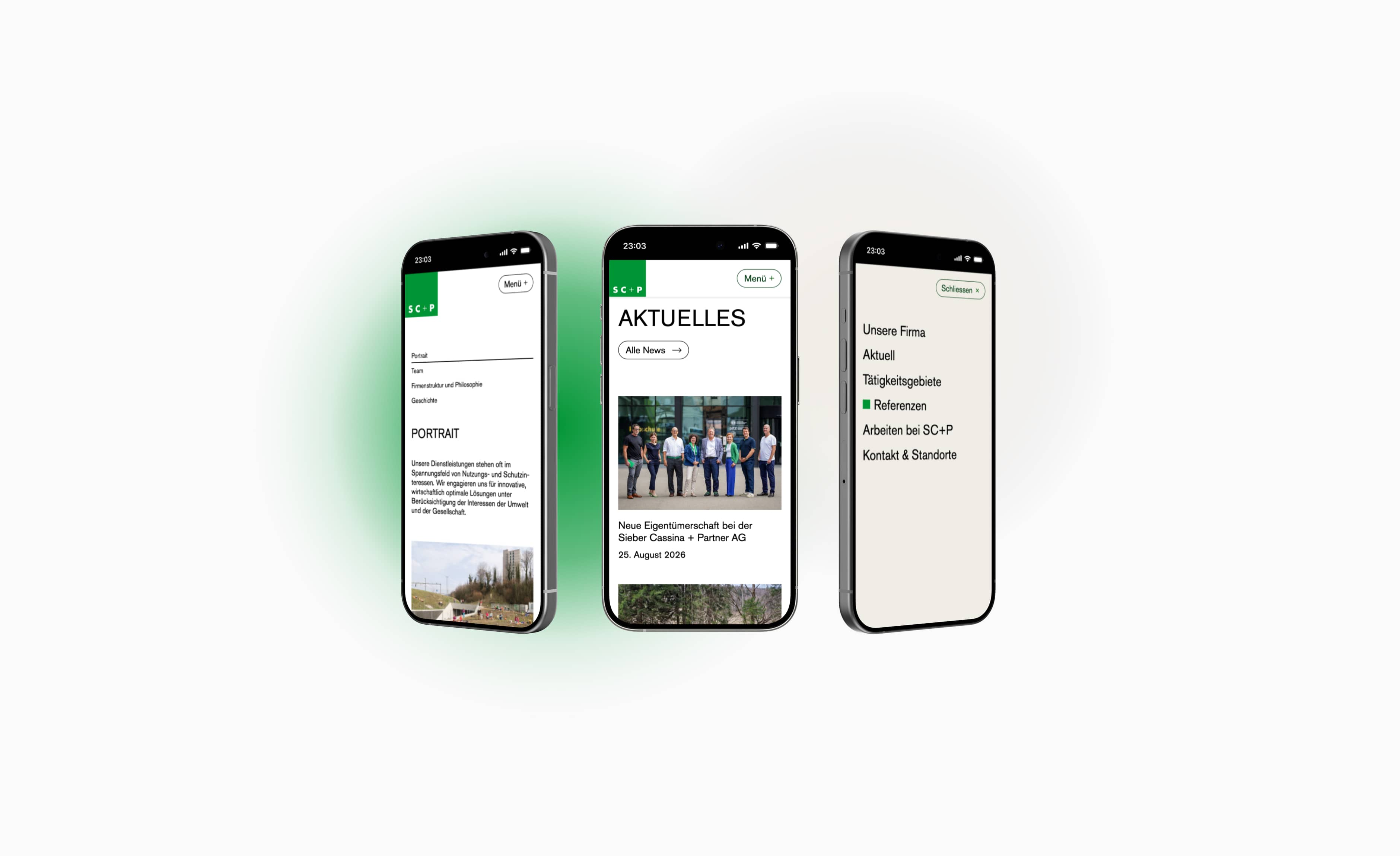 Neue Website der SC+P Sieber Cassina + Partner AG in der mobilen Ansicht, heller Modus
